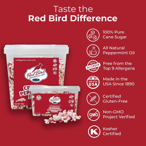 46 oz 3 lb Red Bird Peppermint Puffs Bag and Red Bird Crushed Peppermint Candy Tub Bundle, Gluten-Free Kosher Candy