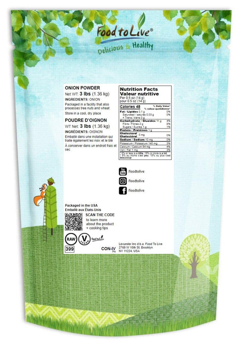 3 Food to Live Onion Powder, Pounds - Finely Ground Dried Onions, Vegan, Rich Onion Flavor, High in Vitamin C, Dietary