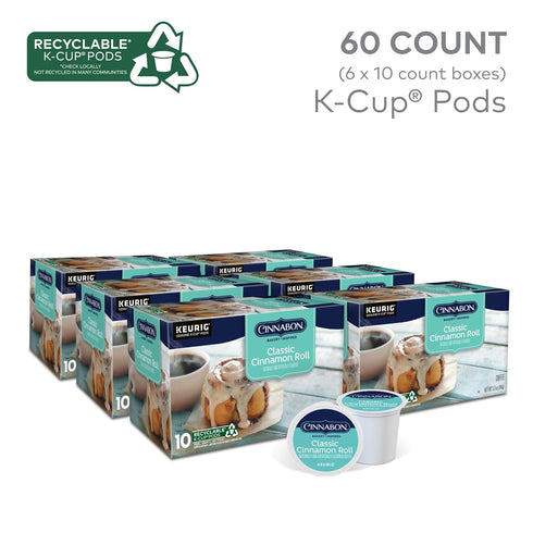 CINNABON 60 Count, (6 Packs 10) Classic Cinnamon Roll Coffee, Keurig Single Serve K-Cup Pods, Light Roast Coffee