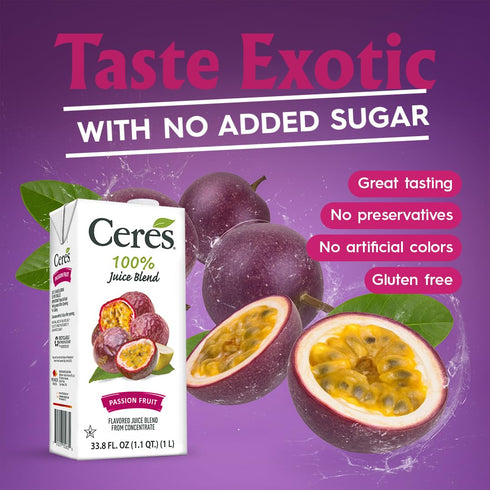 100% 33.8 OZ (2) Ceres All Natural Pure Fruit Juice Blend, Passion Fruit - Gluten Free, Rich in Vitamin C, No Added