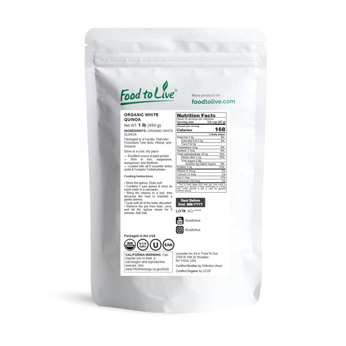 1 Food to Live - Organic White Quinoa, Pound Whole Grain, Non-GMO, Kosher, Raw, Vegan, Sirtfood, Bulk
