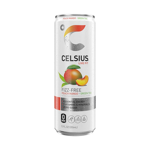 12 Oz (Pack 4) CELSIUS Fizz Free Peach Mango Green Tea, Sugar Free Energy Drink, Fl