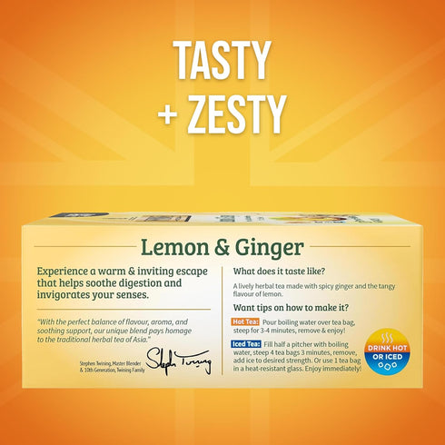 100 Count (Pack 1), 100 Twinings Lemon & Ginger Herbal Tea Individually Wrapped Bags, of Tangy Lemon, Spicy Ginger
