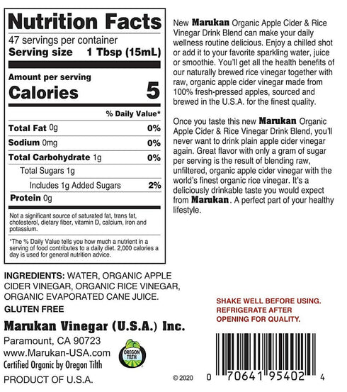 24 (Pack 1) Marukan Organic Apple Cider Vinegar & Rice Vinegar Drink Blend, Ounce Glass Bottle