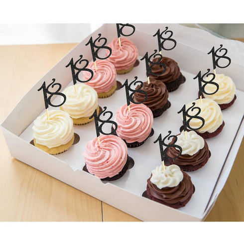 Sumerk 24PCS Black Glitter Cupcake Toppers, 18th Birthday Picks, Anniversary Party Decorations