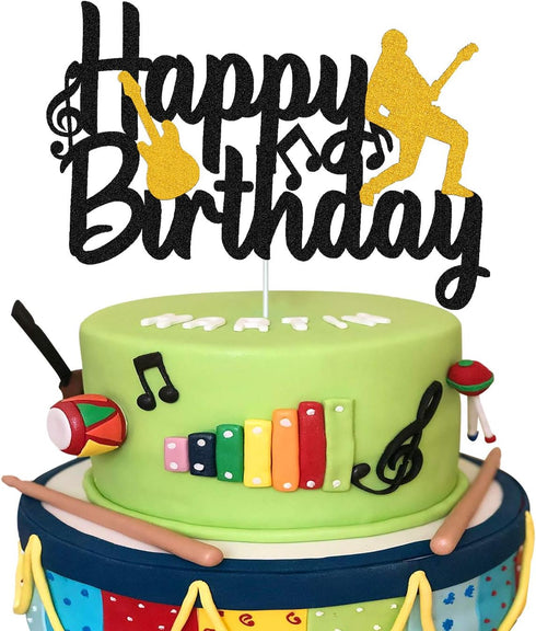 Music Cake Topper Happy Birthday Sign Musical Notes Player Cake Decorations for Musical Rock Theme Man Boy Girl