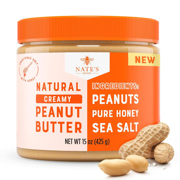 Nate's Honey Peanut Butter, Creamy, All-Natural 3 Real Ingredients, Sweetened Only with