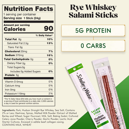 0.85 Oz (Pack 20) Schaller & Weber Hudson Whiskey Salami Sticks, of | Smoked Salami with NY Whiskey | German Style