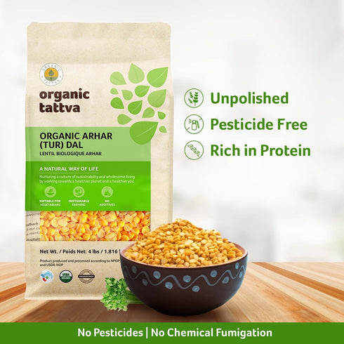(4 lbs) Organic Tattva Toor Dal - Unpolished Organic Tur Dal (Arhar) - Nutritious & Rich in Taste - Dried Yellow Split
