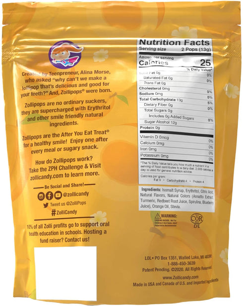 Zollipops Clean Teeth Lollipops, Peach Flavor, 6.2 Ounce - Sugar-Free Anti-Cavity Candy for a Healthy Smile