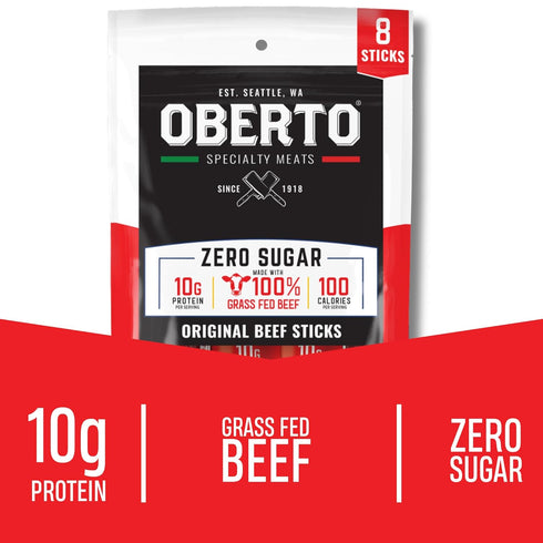 1.15 (Pack 8) Oberto Grass Fed Beef Sticks - Original, Zero Sugar, No Artificial Ingredients, High Protein, Gluten