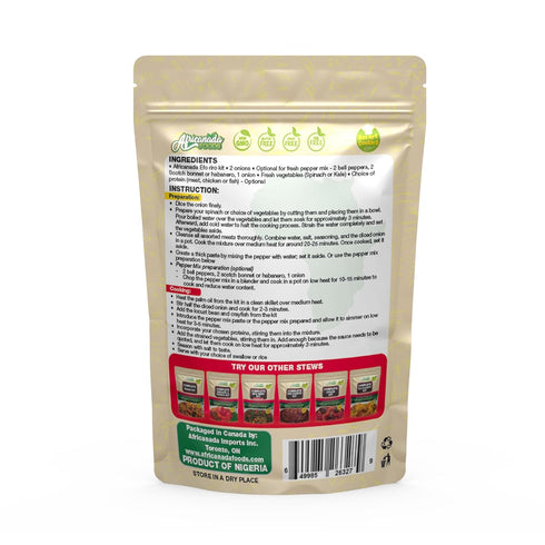 Africanada Foods Complete Efo Riro Kit with individual packed pepper, crushed pepper, locust beans, ground crayfish, red palm oil | Easy to Use | Just add your fresh vegetable and protein | Smart Cooking