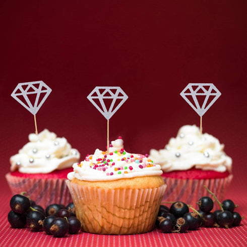 50 Pack Cupcake Toppers, Silver Glitter Diamond Cakes Toppers, Party Cake Decoration Supplies