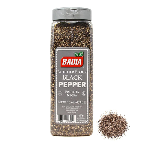 16 oz Badia Black Pepper Butcher Block, Coarse & Bold Pepper for Grilling, Cooking and Seasoning