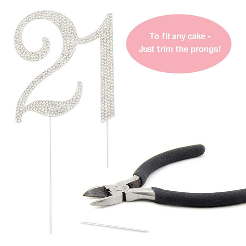 21 Cake Topper, Premium Silver Metal, 21st Birthday Party Sparkly Rhinestone Decoration, Great Centerpiece