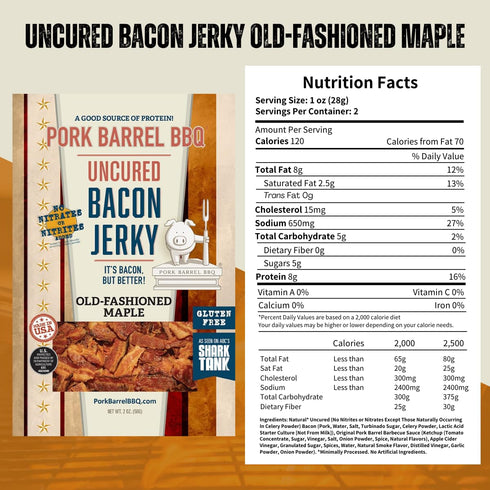 2 oz Pork Barrel BBQ Old-Fashioned Maple Bacon Jerky - Uncured Snacks, Sweet Maple and Brown Sugar with Smoky, Slow