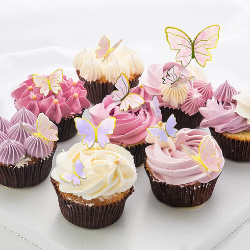 20PCS Gold Pink Purple Butterfly Cupcake Toppers, Handmade Cake Decorations for Girls Baby Shower Party Decor