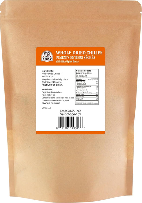 52USA Whole Dried Chilli Peppers, 4 Oz, Premium Szechuan Red Dried Chilis, Mild Spicy for Mexican Recipes