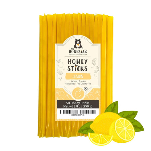 The Honey Jar Lemon Flavored Honey Sticks - Pure Honey Straws for Tea, Coffee, 50 Count