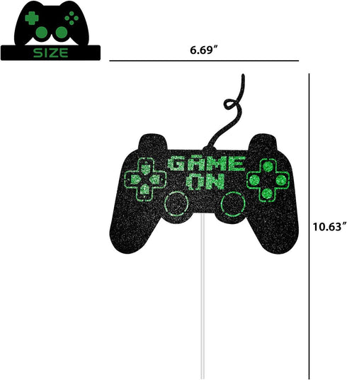 Game On Big Cake Topper - Black and Green Glitter Video Game Controller Cake Decorations for Kids