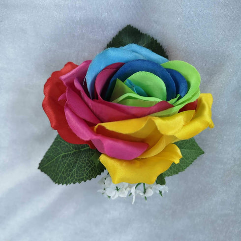 Vibrant Silk Rainbow Rose Bouquet with Boutonniere