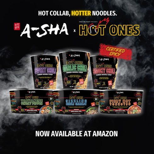 6 Pack, A-Sha x Hot Ones Spicy Ramen Noodle Soup Cup, Garlic Chili (Medium Heat) Flavor, Premium Microwaveable Ramen