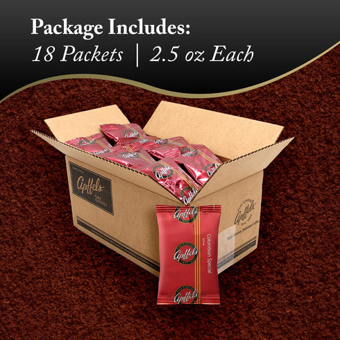 100% (18 pack 2.5 oz Apffels Colombian Special Ground, Medium Roast, Arabica Coffee Each)