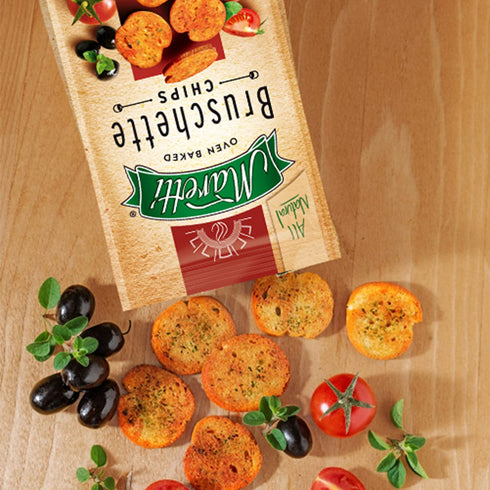 5 oz. (Pack 6) Maretti - Bruschette Chips with Tomato, Olives & Oregano - All Natural Oven Baked Bagel Chips - Good