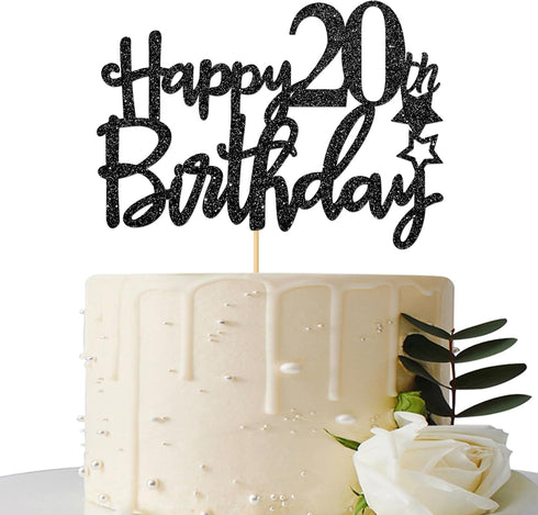 Black Glitter Happy 20th Birthday Cake Topper, Cheers to 20 Years Party Decorations