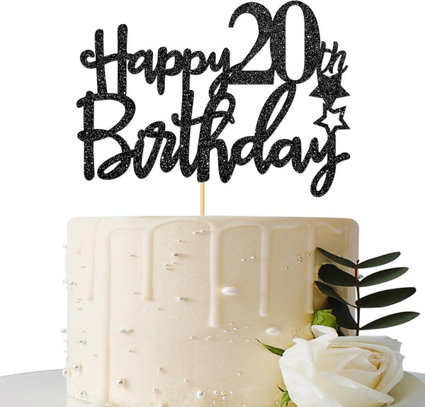Black Glitter Happy 20th Birthday Cake Topper, Cheers to 20 Years Party Decorations