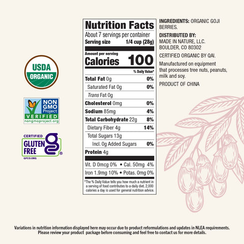 7 (Pack 1) Made In Nature Organic Goji Berries, Ounce of Vegan Snack, Non-GMO, Unsulfured, Gluten Free
