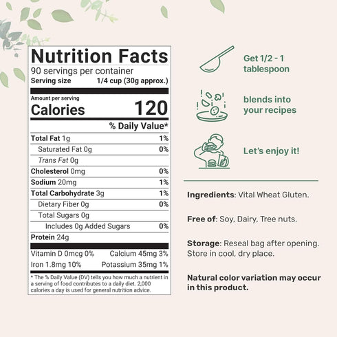 6lbs 24g Premium Vital Wheat Gluten, Powder | Great for Bread Making & Seitan | High Protein Per Serving | Low Carb