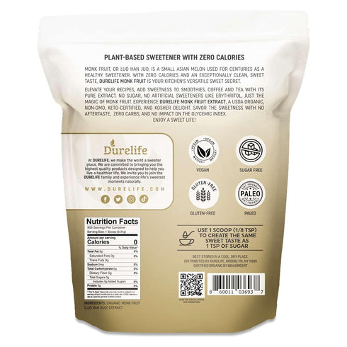 100% 10 OZ Durelife Organic Pure Monk Fruit sweetener, No Erythritol, Monkfruit Extract Powder, USDA organic NON-GMO