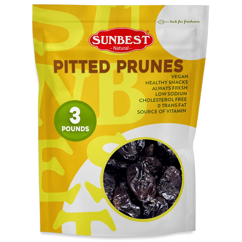 Sunbest Natural Dried Pitted Prunes, 3 lbs Unsweetened Jumbo Dried Plums Juicy,