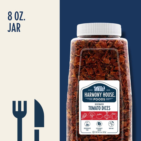 (8 oz, Harmony House Foods Dried Tomato Dices Quart Size Jar) for Cooking, Camping, Emergency Supply, and More