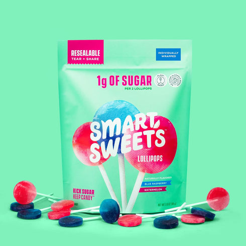 SmartSweets Lollipops - 3oz, Blue Raspberry & Watermelon Flavors, Low Sugar Hard Candy