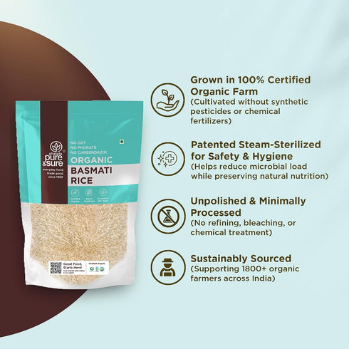1kg Pure & Sure Organic Basmati Rice | Indian Organic Food | Rich in Fiber, Helps Lower Blood Pressure, Non GMO, No