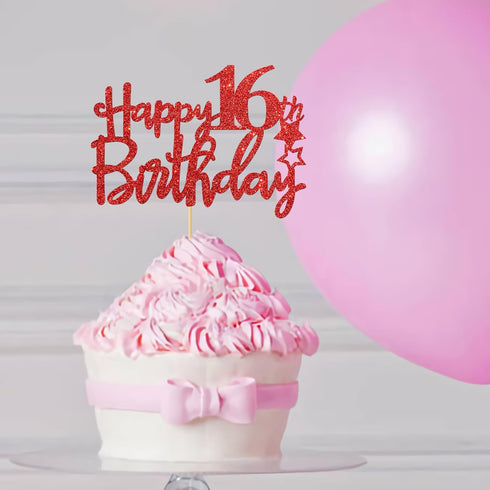 Red Glitter Happy 16th Birthday Cake Topper, Sixteen Sign Cake Topper, Cheers to 16 Years Party Supplies