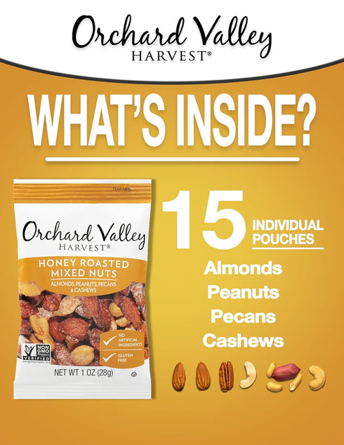 Orchard Valley Harvest Honey Roasted Mixed Nuts, 1 Ounce Bags Pack of 15, Gluten Free Non-GMO