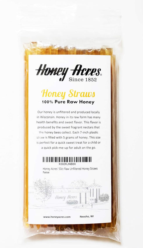 50 Count) Honey Acres' Raw Unfiltered Honey Straws - USA Honey Sticks (Clover