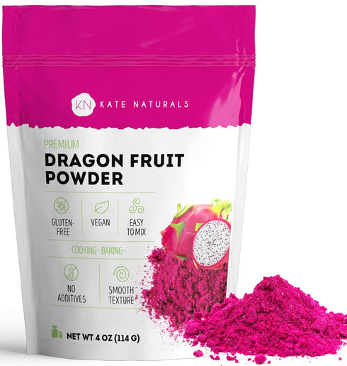 Kate Naturals 4oz Dragon Fruit Powder for Baking & Drinks, Vegan Gluten Free Dried Pink Pitaya Powder