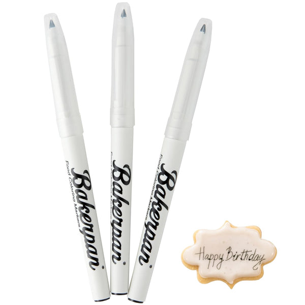 Bakerpan Fine Tip Food Coloring Markers, Edible Black Ink Pen for Cookie Decorating - Set of 3 (Made in USA)