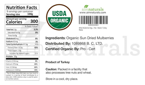 Mulberries 2 Lbs White Dried Organic Bulk Bag USDA Organic Certified Sun Dried, Raw, Non GMO & Gluten Free Product