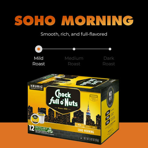 6 Packs 12 Chock Full o' Nuts Soho Morning Keurig K-Cup Pods for Keurig Brewers Premium Arabica, Mild Roast Single