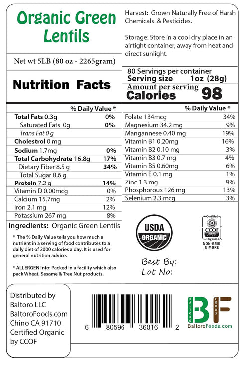 (3LB) Organic Green Lentils Whole Raw, High Fiber Non-GMO-Bulk