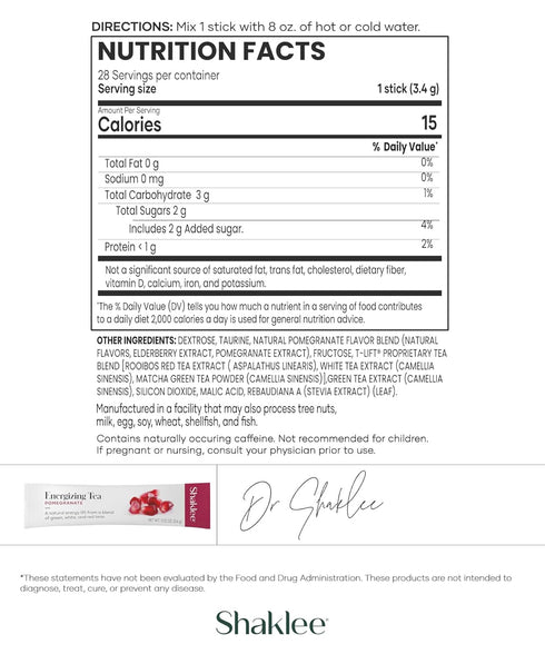 Packets 28 Shaklee Energizing Tea Pomegranate Flavor - Antioxidant-Rich Blend of Green, White, and Red Teas for Gentle