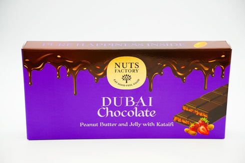 Nuts Factory Pack 2 PB&J Dubai Style Dark Chocolate Bars, Peanut Butter & Strawberry Jelly Filling with Crispy Kataifi