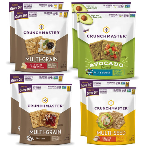 Crunchmaster 8 Pack Cracker Variety Pack MultiSeed Roasted Garlic, MultiSeed Sea Salt,