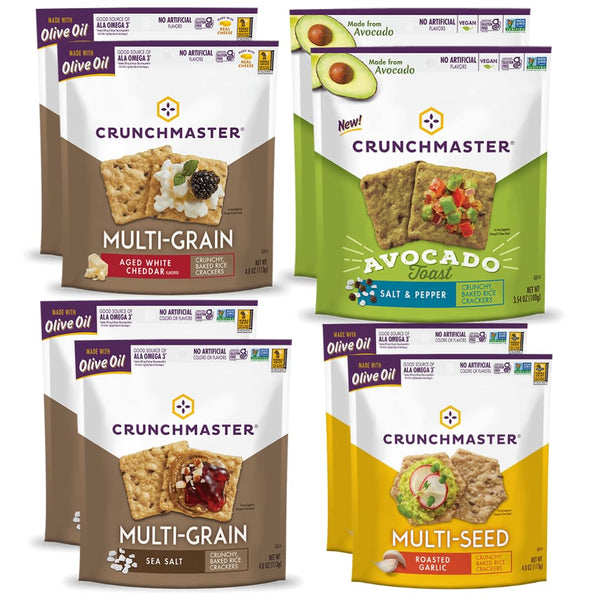 Crunchmaster 8 Pack Cracker Variety Pack MultiSeed Roasted Garlic, MultiSeed Sea Salt,