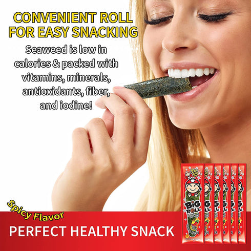 Tao Kae Noi Big Roll Grilled Seaweed Snacks, Spicy Flavor, 6 Pack, 3g Bags, Healthy Nori Rolls